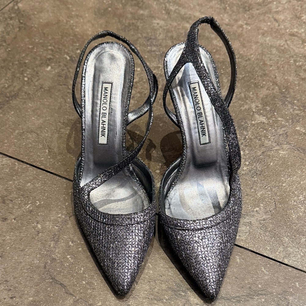 Manolo Blahnik Shimmering Silver Strappy Heels